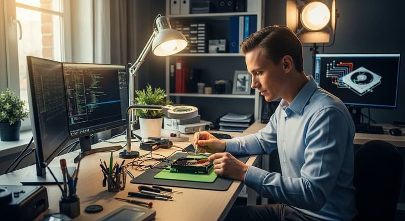 Técnico recuperando información de un disco duro dañado