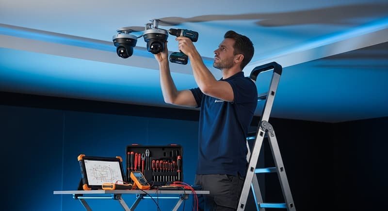 Técnico instalando una cámara de seguridad en el techo